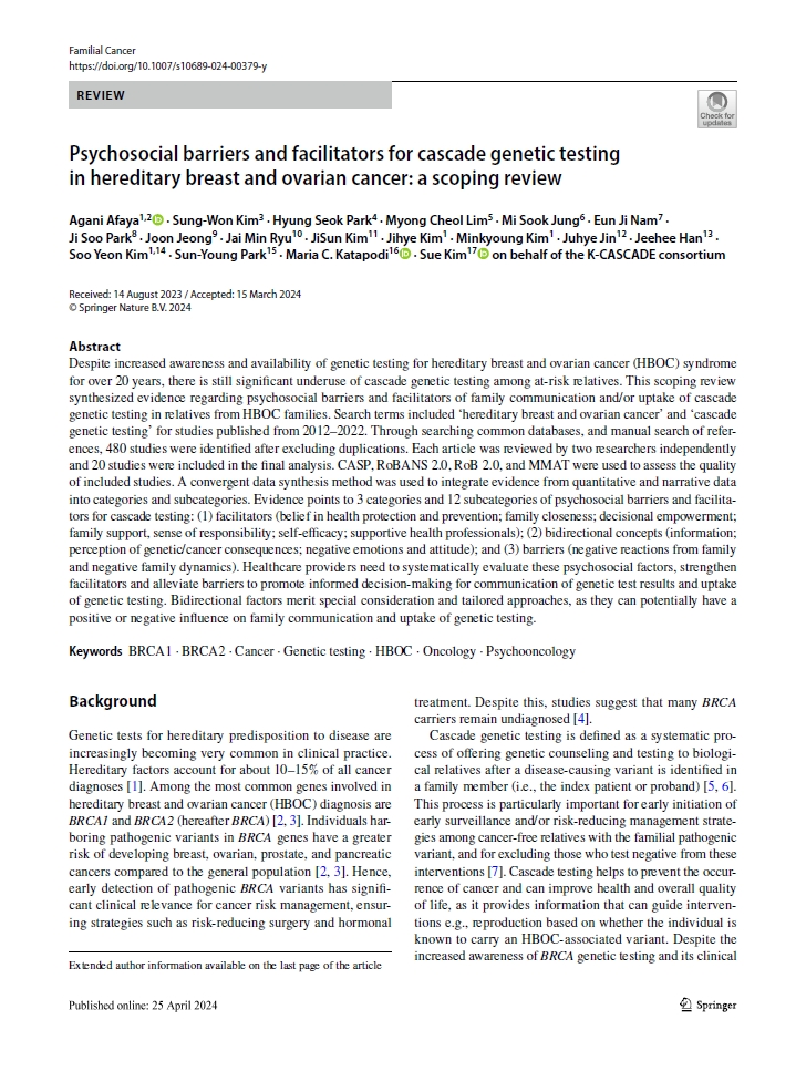 Psychosocial barriers and facilitators for cascade genetic testing in hereditary breast and ovarian cancer: a scoping review